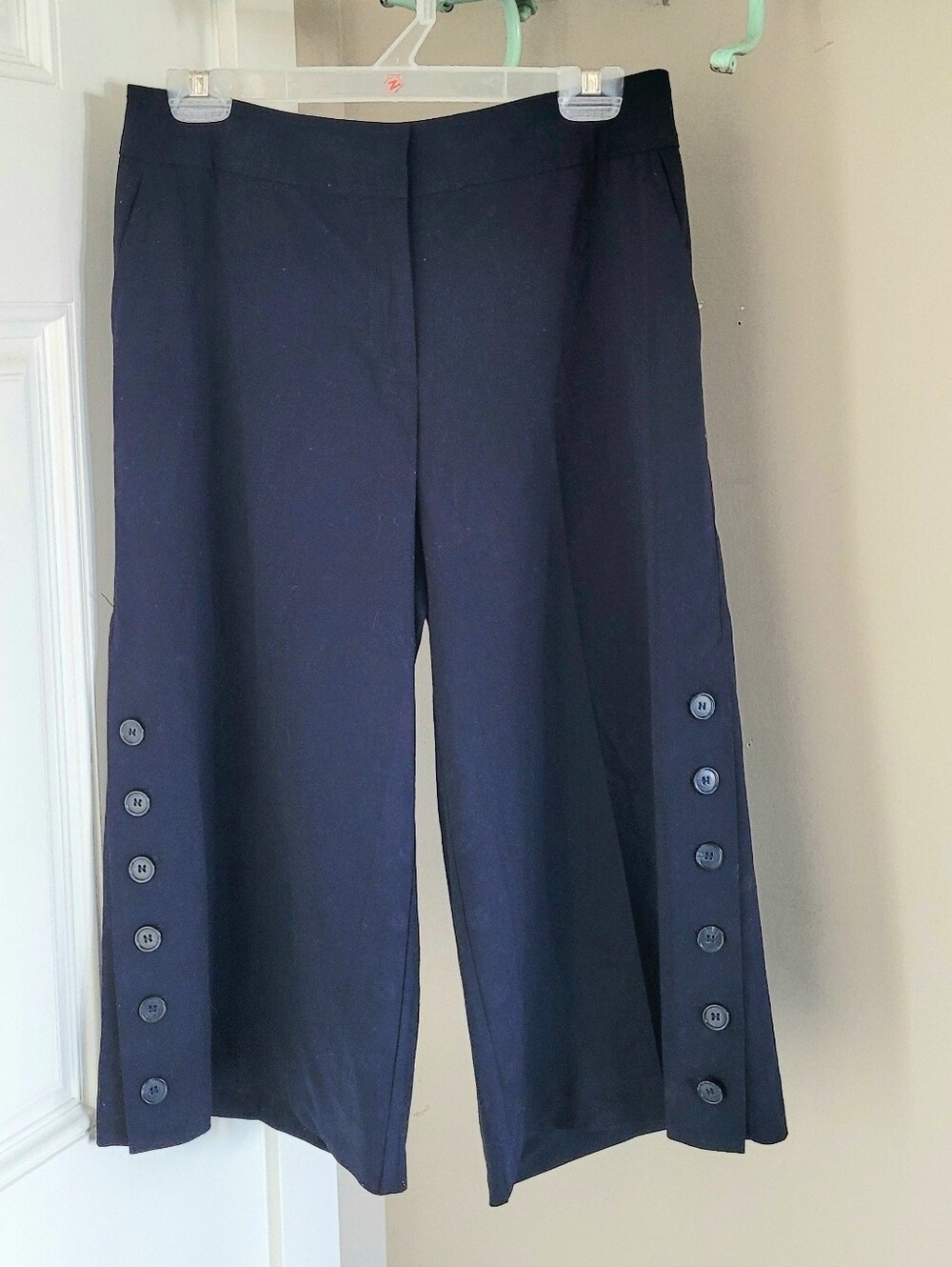 Worthington Navy Cropped Wide-Leg Pants with Side Button Trim